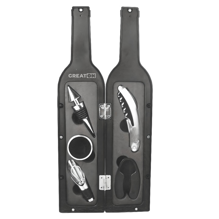 Set Cadou Accesorii GREATON Pentru Vin – 6 Piese, In Ambalaj Tip Sticla De Vin, Culoare Neagra