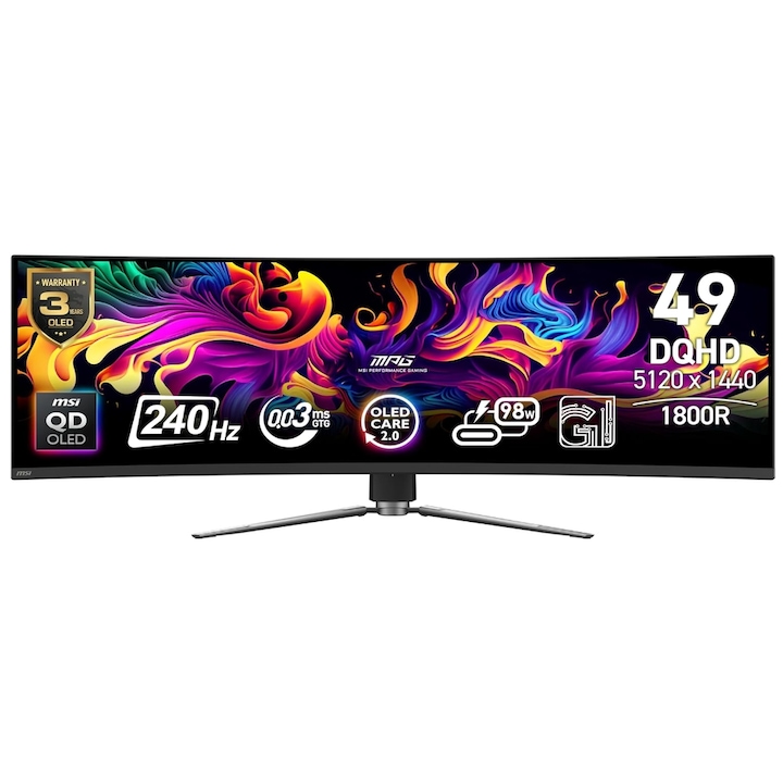 Játékmonitor QD-OLED MSI 49" MPG 491CQPX QD-OLED, DQHD 5120 x 1440, HDMI, DisplayPort, Ívelt képernyő, 240 Hz, 0.03 ms Fekete