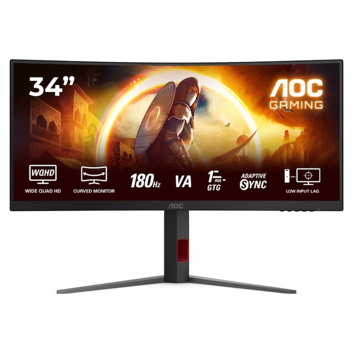 Gamer monitor Fast VA LED AOC 34" CU34G4, UWQHD 3440x1440, HDMI, DisplayPort, Ívelt képernyő, 180 Hz, 1 ms Fekete