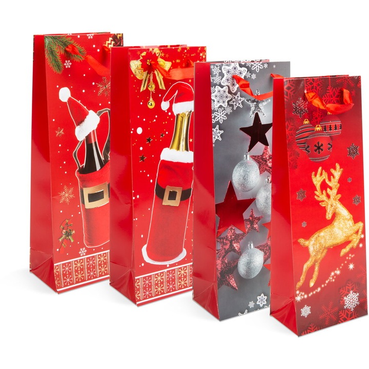 Punga cadou pentru sticle - hartie, Craciun - 360 x 127 x 83 mm - 4 tipuri / pachet