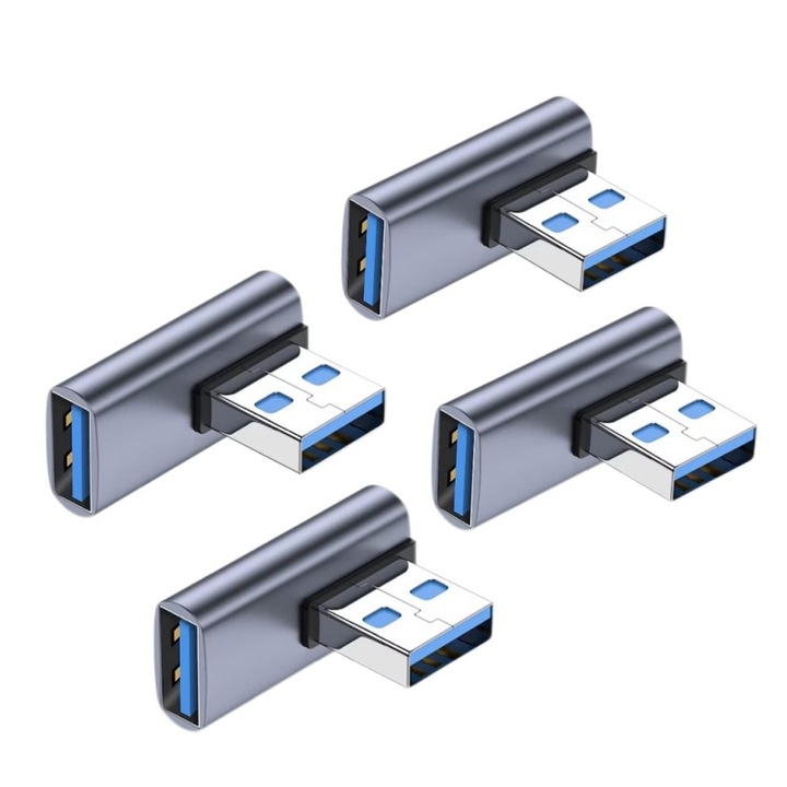 Комплект от 4 USB 3.0 адаптера, ъглов конектор 90°, поддържа синхронизация на данни, AjieQaQ, скорост на трансфер 10 Gbit/s, бързо зареждане 5V/3A, USB 3.0 мъжки към USB женски, комплект от 4