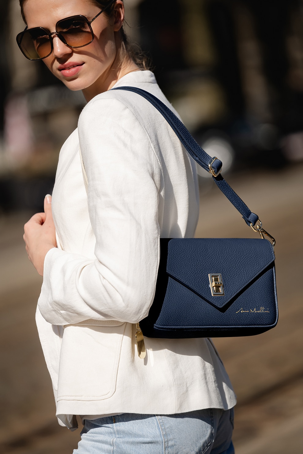 Anna Morellini, Geanta crossbody din piele cu sistem metalic