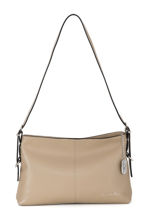 Anna Morellini, Geanta de piele cu logo si bareta de umar, Maro taupe deschis