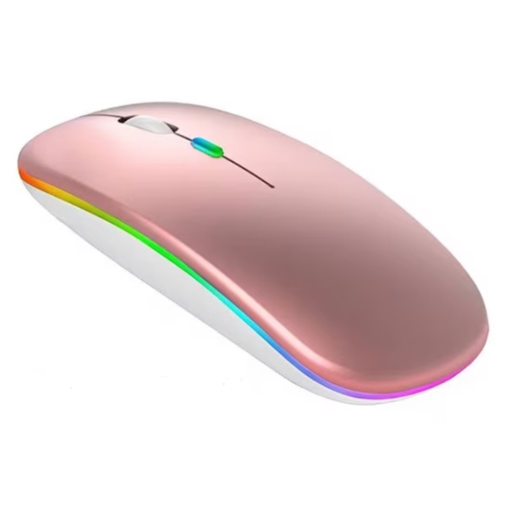 Mouse Wireless, Roz, Ultra Slim, Negru, Bluetooth 5.2, 2.4Ghz, USB, Reincarcabil, Fara Zgomot, 1600DPI, LED RGB, Senzor Optic, Precizie, Rapide, Responsiv, Stabil, Ergonomic, Confortabil, Design Modern, Autonomie Baterie, Compatibil Windows/Mac
