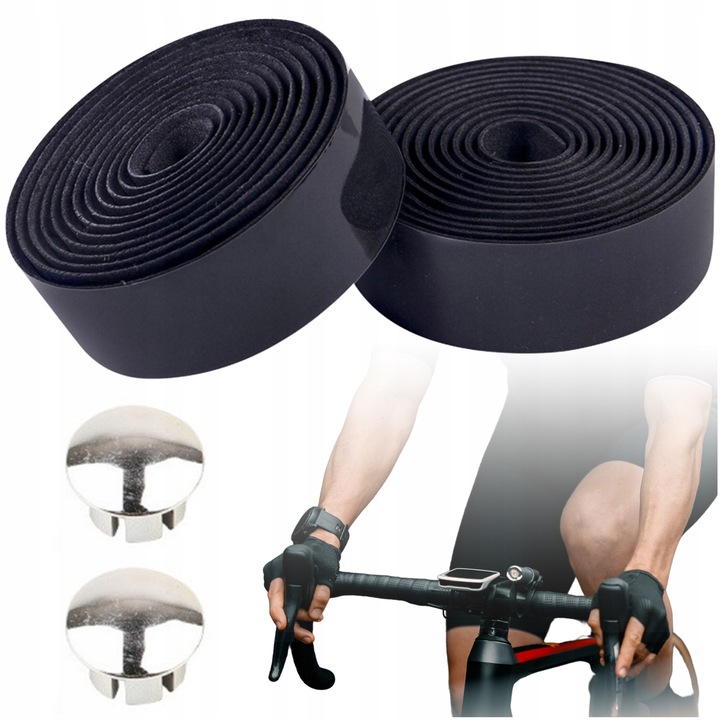 Set Banda Pentru Ghidon Cu Capete, Gearox, 200x3 cm, Negru, Material Spuma Eva, Lungimea Fiecarei Benzi 200 cm, Latimea Benzii 3 cm, 2 Bucati