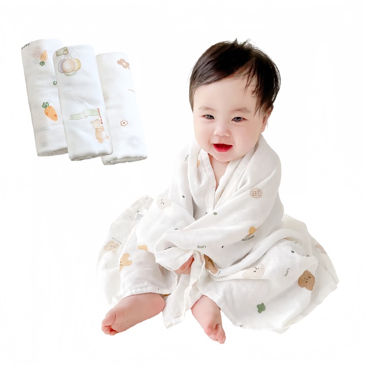 Multifunkcionális pamut fürdőlepedő; AuriCsatic; 100% pamut; 3 darab; 0-3 hónapos korig; 2 réteg géz; Szuper nedvszívó képesség; Puha és kényelmes; Rajzfilm minták; Méret: 90*90cm; Súly: 100g*3;