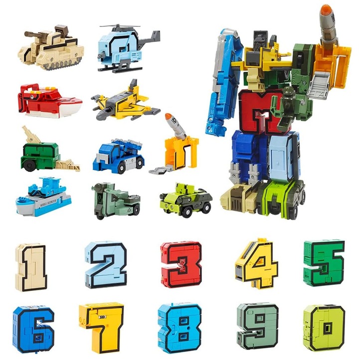 Jucarie educativa transformatoare numere in robot militar, SINBINTA, Cu autobot donkey kong & combinatii tactice, Jucarie educativa cu numere 0-9, Material sigur, Jucarie cifre interactiva pentru baieti si fete 3 ani+, 5*1.5*5cm, Multicolor