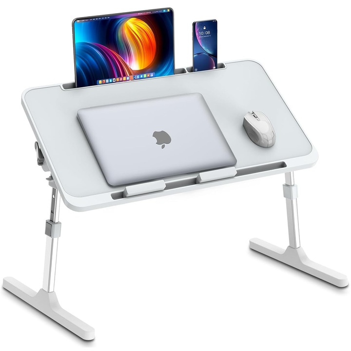 Masa pliabila pentru Laptop, SINBINTA, Birou Portabil, Ajustabila, 8 Trepte Inaltime, 180° Unghiuri de reglare, Antiderapant, Picioare tip sanie pentru mobilitate usoara, Pentru mancat, citit, jocuri, 56*32*26-36cm, Gri