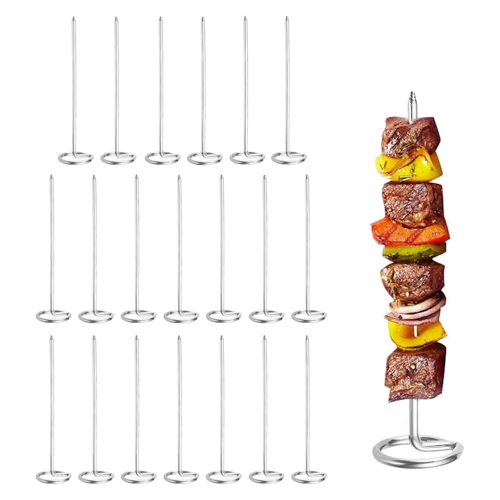 Set 20 bete frigarui pentru friteuza cu aer, Axroad Mall, Frigarui de kebab din metal, Reutilizabile, Usor de curat, Vertical, Groase si rezistente, Atarnat, Pentru gratar, camping, picnic, Inox, 3*10 cm, Argintiu