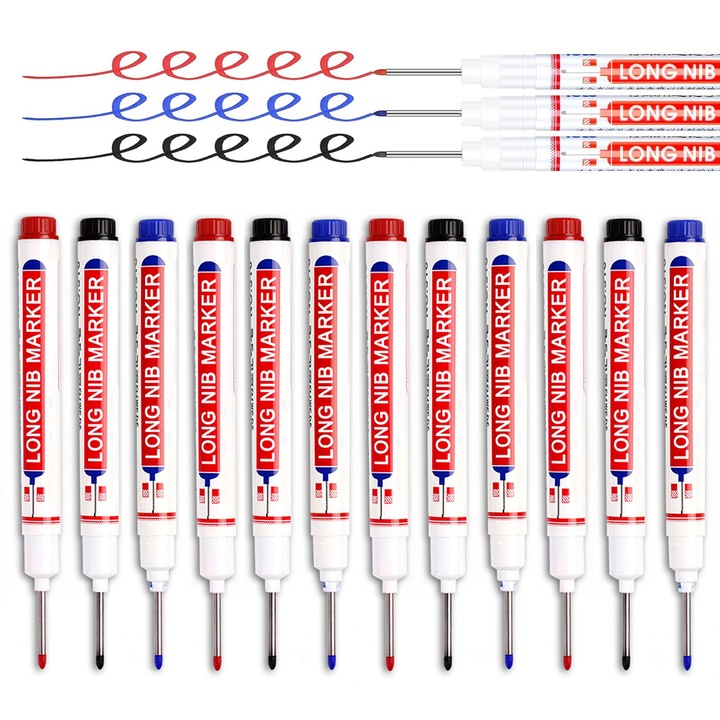 Set 12 markere multifunctionale pentru gauri adanci, Axroad Mall, Markere cu varf lung 22 mm, Impermeabile, Pentru multiple suprafete, Pentru constructii, tamplarie si diverse aplicatii, Plastic, 137mm, Rosu/Negru/Albastru