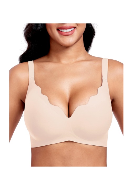 Klasszikus melltartó, női bustier, állítható vállpántok, merevítő nélküli, négy sor akasztó, push up, U-alakú hátkiképzés, lélegző, szuper puha, nejlon/spandex, Vanaxalife®, világos bézs, Világosbézs
