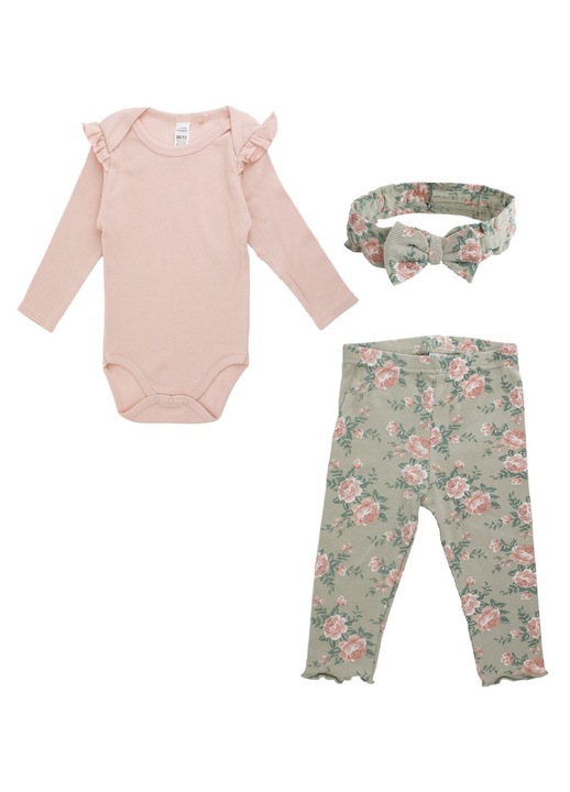 Set 3 piese din bumbac cu body colanti & panglica par somon verde olive cu model floral pentru bebelusi