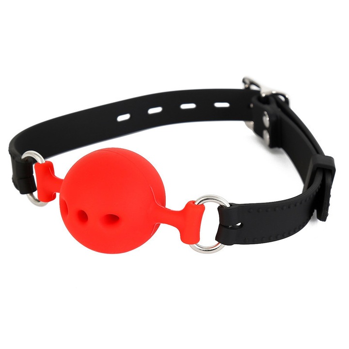 Accesoriu BDSM, minge de gura perforata, cauciuc moale, rosu