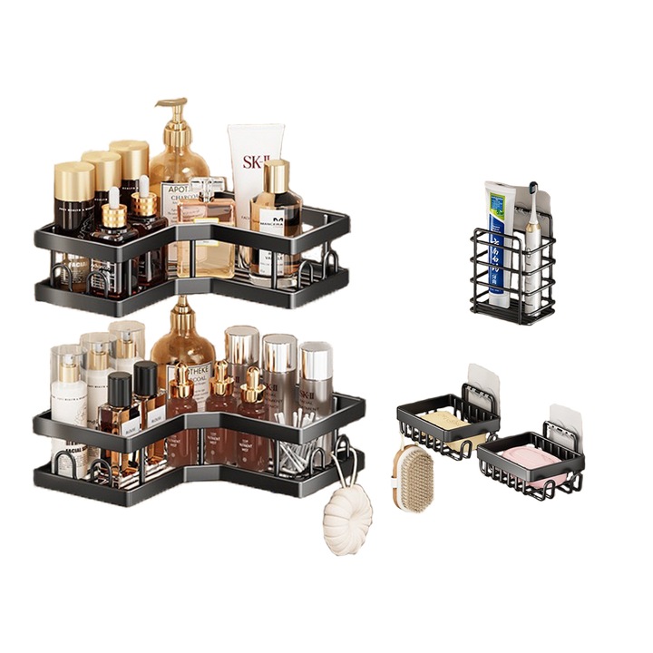 Raft dus, Inox, Pentru bucatarie、Baie, Set 5 rafturi dus，Organizator Baie cu Montare Usoara fara Gaurire，Negru