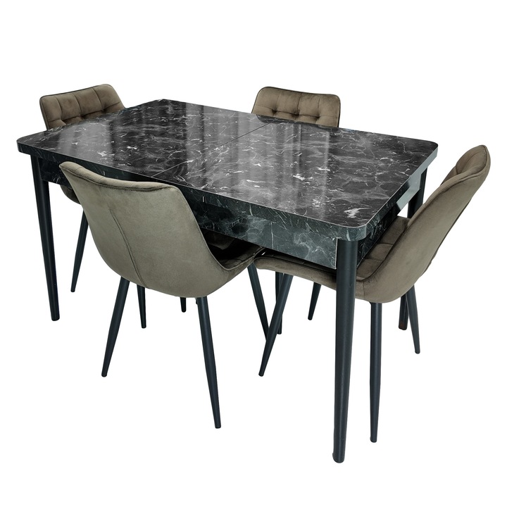 Set masa extensibila Napoli Black Marble cu 4 scaune Osaka maro, DENVER, picioare vopsite negru, 130x80x76 cm