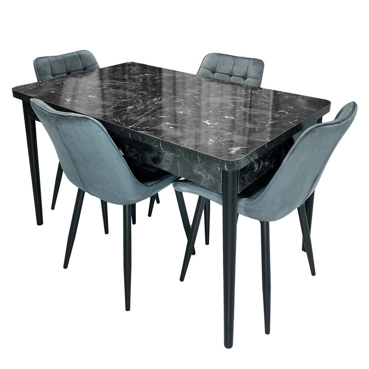 Set masa extensibila Napoli Black Marble cu 4 scaune Osaka gri, DENVER, picioare vopsite negru, 130x80x76 cm