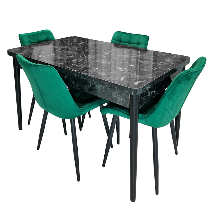 Set masa extensibila Napoli Black Marble cu 4 scaune Osaka verde, DENVER, picioare vopsite negru, 130x80x76 cm