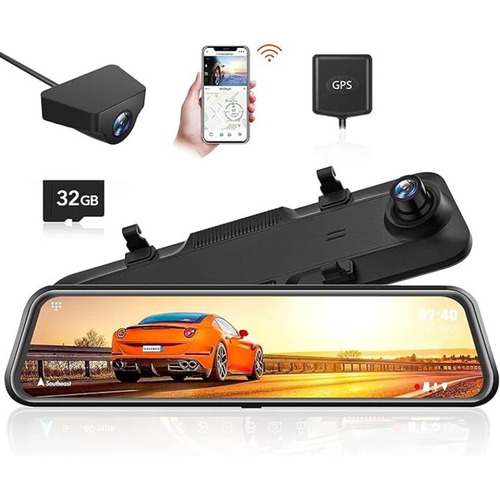 Cameră auto DVR WOLFBOX G840H, duală, 2.5K și 1080p, WiFi 5.8GHz, 12 inch, negru