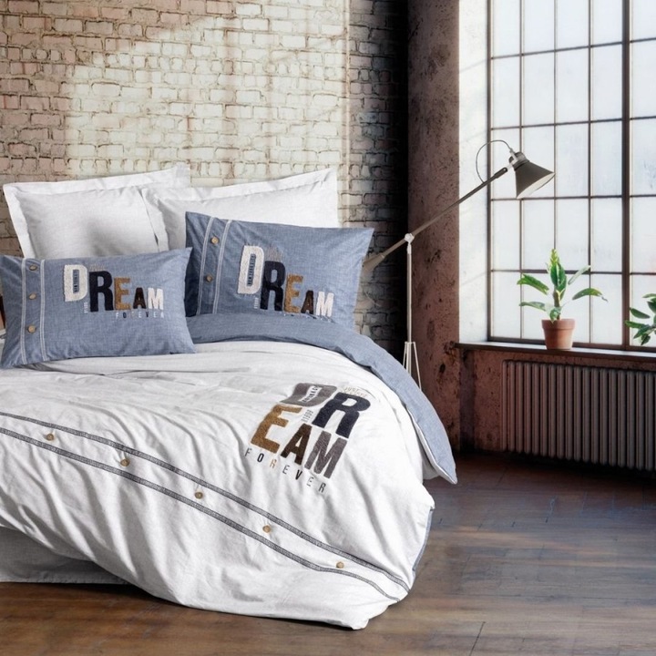 Lenjerie pat dublu cu broderie, bumbac 100% ranforce, 240 x 260 cm, 6 piese, Cotton Box, Forever Gri