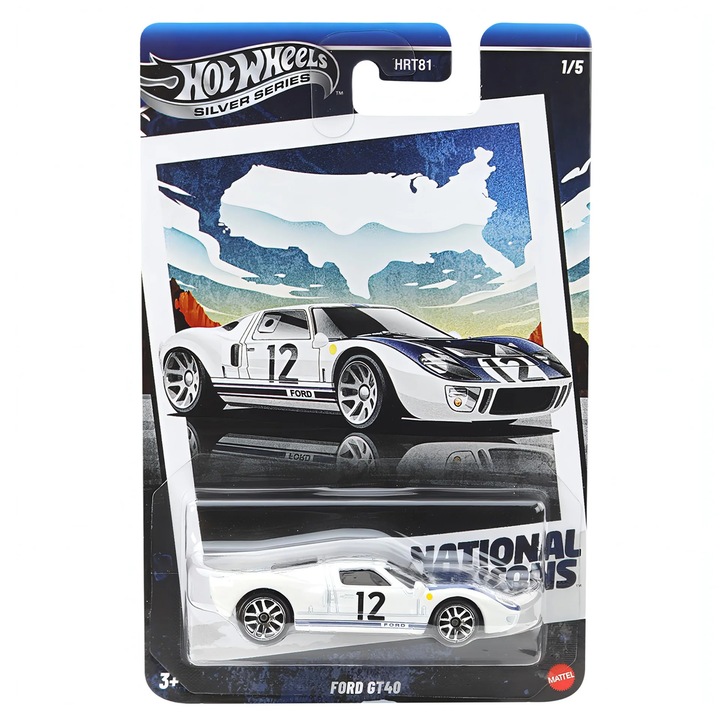 Fém Hot Wheels kisautó Ezüst, National Icons, Ford GT-40, JBY87, Fehér