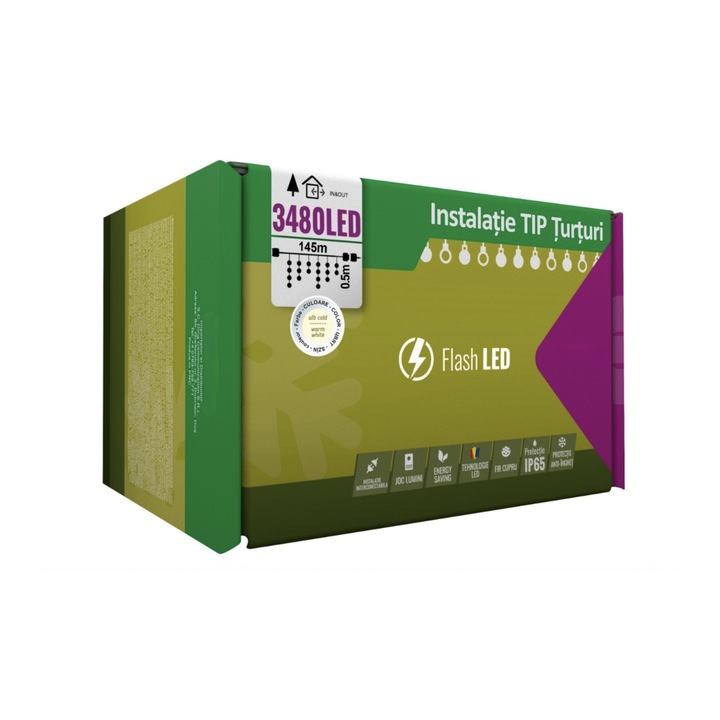 Instalatie Craciun, 145 m, Led-uri, Franjuri, Alb Cald, Flash, Alimentator, Interconectabila, Fir Alb Cauciucat, 220v, Pentru Casa si Gradina