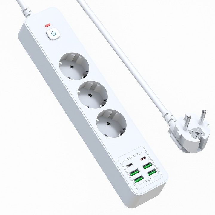 Електрически удължител с 3 гнезда и 6 USB порта (4 USB-A + 2 Type-C), 3000W, защита от претоварване, пожароустойчив корпус