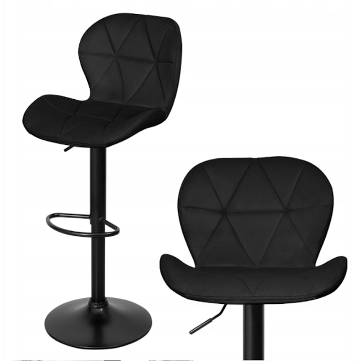 Scaun de bar Salivo, hocker înalt, catifea neagră, rotativ, înălțime reglabilă, 46x49x106cm