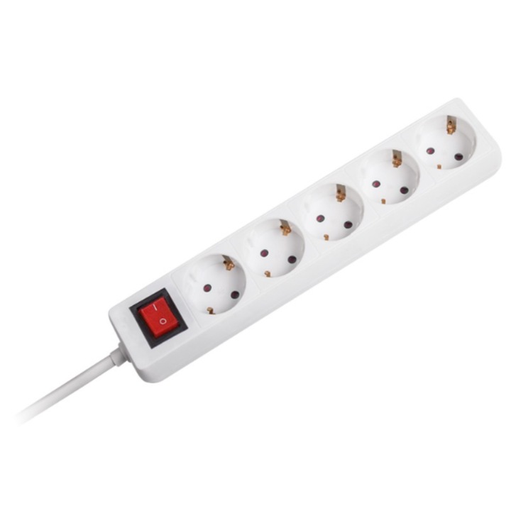 Удължителен кабел 3x1.5 мм 5 гнезда 5 м ключ бял