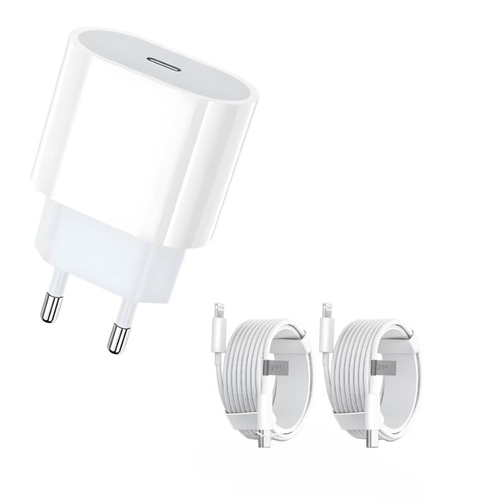 Kit Incarcator QUANDES® Compatibil iPh 14/14 Pro max /13/12/11/Pro/Pro Max 2 Cablu Type-C Light, 2m 37w, Adaptor Retea cu Incarcare Rapida 20W