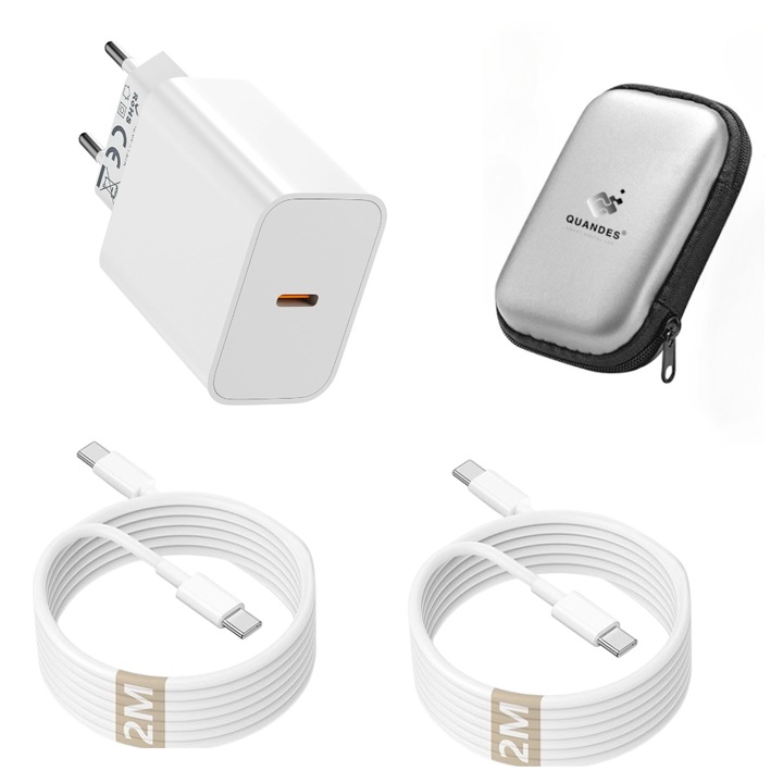 Kit Incarcator QUANDES® Compatibil iPh 14/14 Pro max /13/12/11/Pro/Pro Max 2 Cablu Type-C Light, 2m 37w, Adaptor Retea cu Incarcare Rapida 20W, eva bag