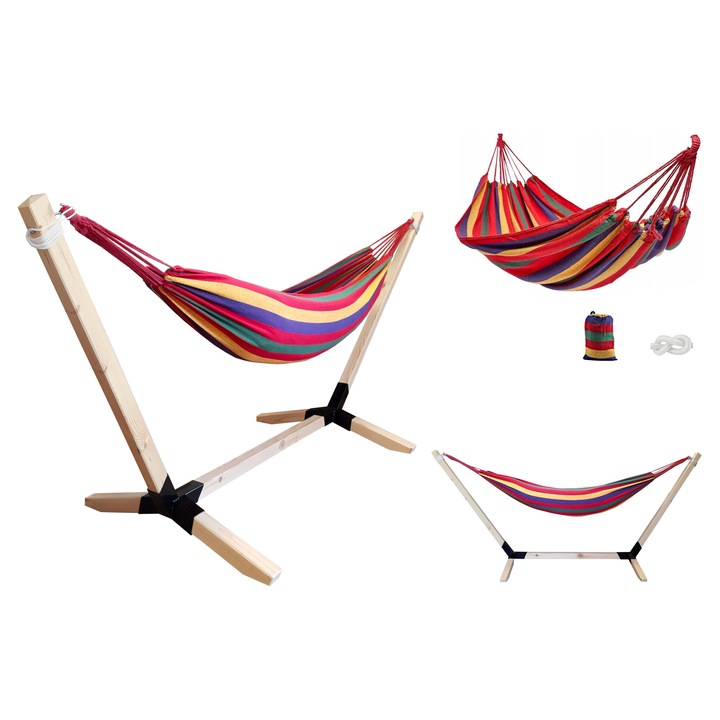 Двоен хамак с дървена опора, Atos, издръжлив материал, червен, 100x190 см