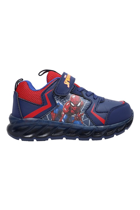 Marvel, Pantofi sport cu velcro si imprimeu Spiderman, Albastru inchis/Rosu vermillion
