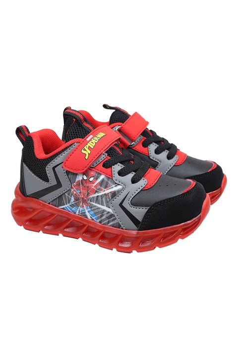Marvel, Pantofi sport cu velcro si imprimeu Spiderman, Negru/Rosu vermillion/Gri inchis