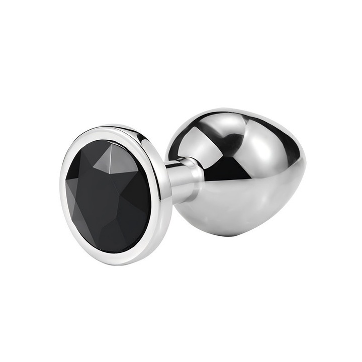 Plug anal metal cu baza incrustata cu bijuterii, design greu, culoare neagra, dimensiuni variate