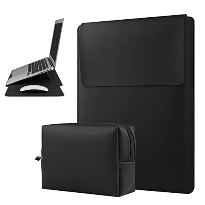Laptoptáska 13-14 hüvelykes, ökológikus bőr, méretek 25x34 cm, fekete, 4 az 1-ben kialakítás