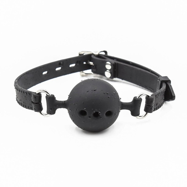 Accesoriu BDSM, minge din cauciuc moale perforat, negru, ajustabil