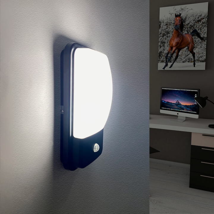 Aplica LED Exterior, Lampa de Perete, Cu Senzor de Miscare si Luminozitate, 20W, IP65 Rezistent la apa, Negru, Lumina Selectabila 3000K 4500K si 6000K, 30x15x8 cm