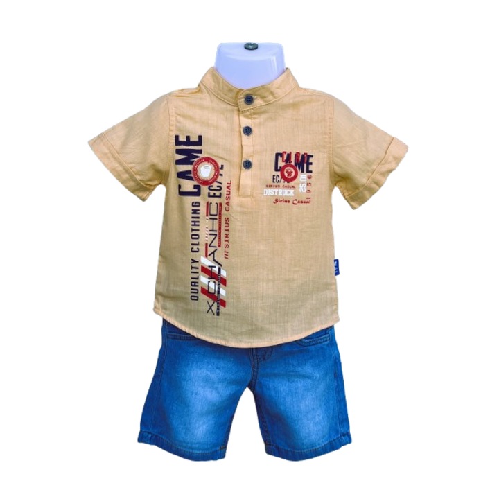 Set baieti 2 piese camasa portocalie si pantaloni scurti de blugi, Portocaliu/Albastru