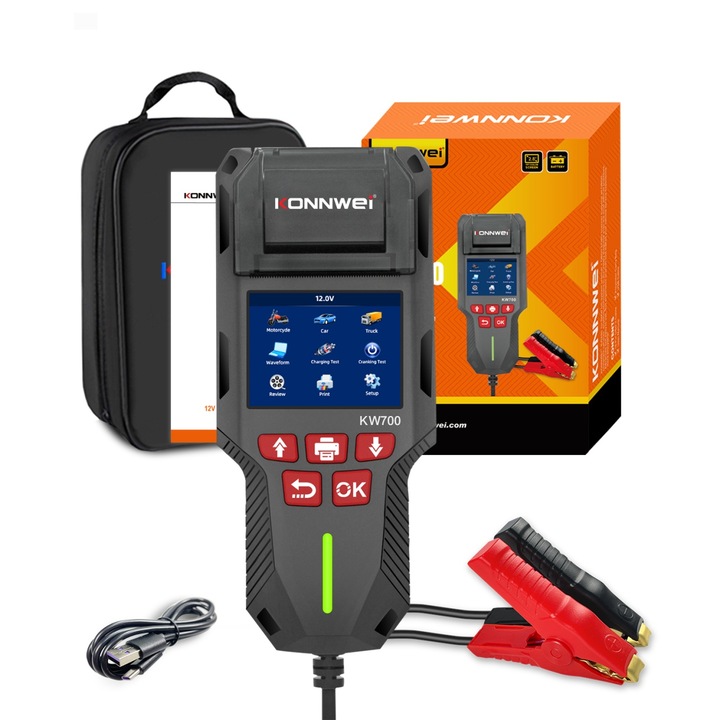 Tester de baterie auto KONNWEI KW700 cu imprimanta termica integrata, 12V/24V, ecran LCD color, compatibil cu AGM, GEL, EFB, Plumb-acid si Litiu