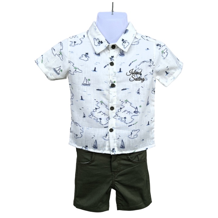 Set baieti 2 piese camasa si pantaloni scurti verde, Alb/Verde