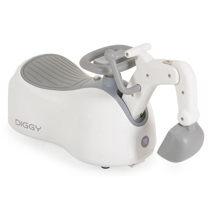 Excavator fara pedale Moni Diggy Grey tranformabil 4in1 cu Cupa mobila, Baza detasabila si transformare in balansoar, Olita incorporata, Sezut confortabil, Efecte muzicale si lumini, Recomandat de la 12luni, Greutate admisa 25kg