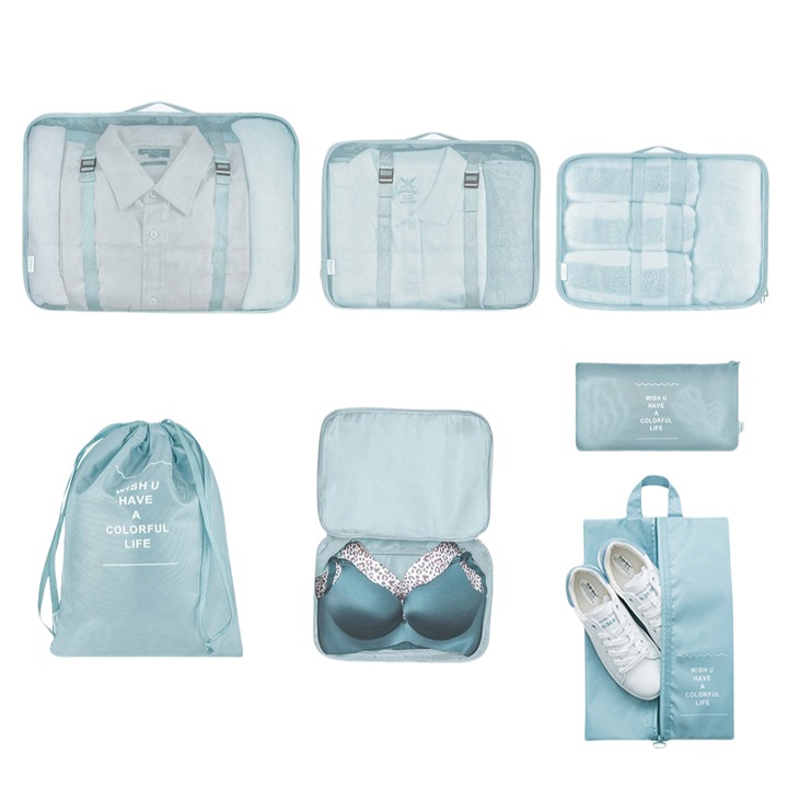 Organizatoare pentru valiza set 7 huse durabile, impermiabile, cu finisaje calitative, Sac de depozitare maxim 40*30*12cm, Hainele pot fi sortate pentru spalare, Usor de gasit rapid, Haze albastru