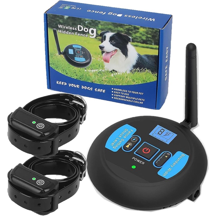 Kit gard invizibil pentru caini, WALALLA, raza de 200m, impermeabil IP68, modul beep + soc, 2 coliere