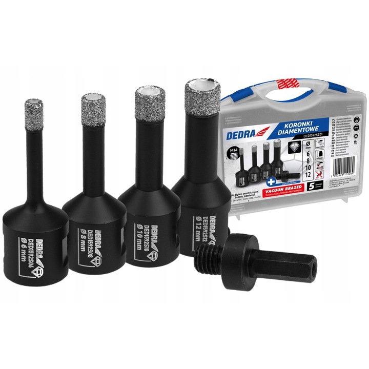 Set de coroane diamantate Dedra 4 buc, 6x60mm, 8x60mm, 10x60mm, 12x60mm, M14 cu adaptor HEX