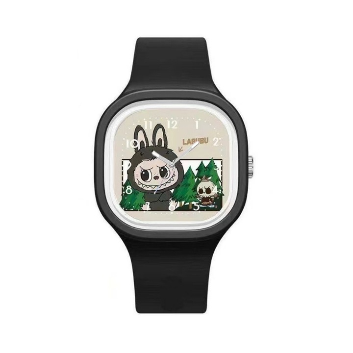 Ceas de mana pentru copii, Labubu, design cartoon, curea din silicon, negru