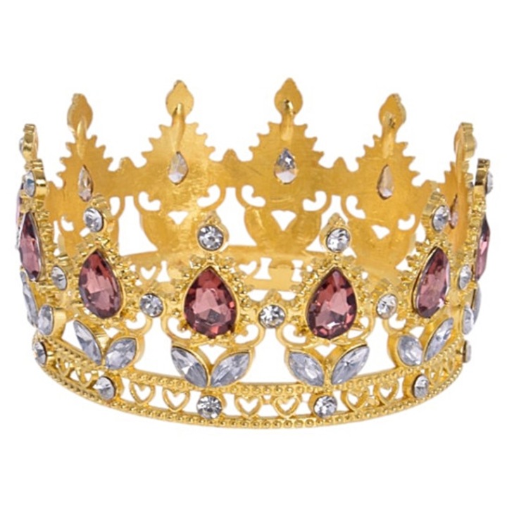 Декорация за торта Корона Cake Land, златист с розови и сребристи камъни, 9x4.5 см