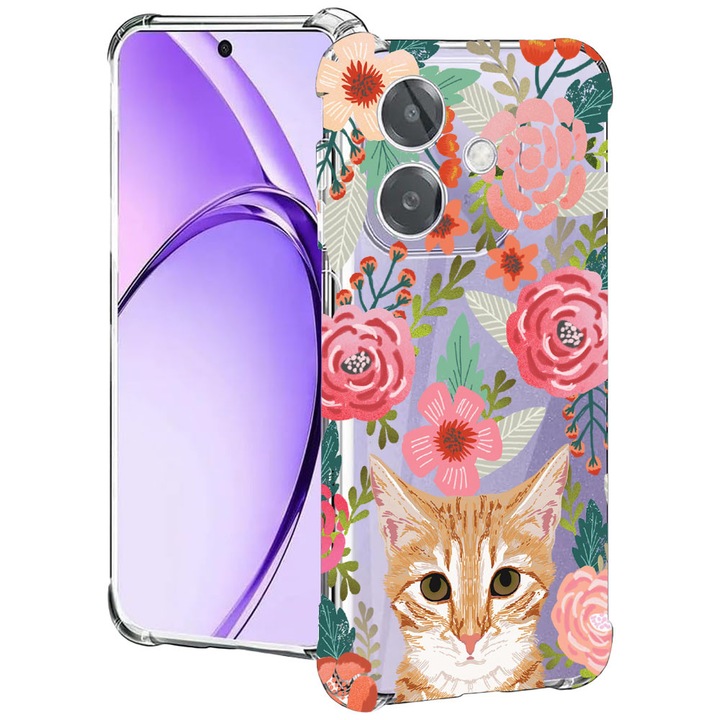 BestCase® Husa pentru OPPO A60 5G / A40 / A40M, Anti Shock 1.5MM, Cat and Flowers, Protectie camera, ecran si colturi, 2004575 AS 638