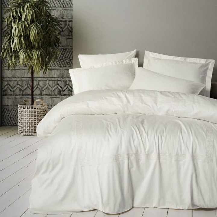 Set lenjerie de pat dublu, 6 piese, Cotton Box Luxe, Ecru, bumbac satinat, 240x260cm, cu broderie