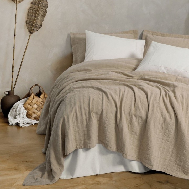 Franciaágyneműgarnitúra hímzéssel, paplanhuzat lepedővel és 4 párnahuzattal, 100% pamut, 240x260 cm, 6 darabos, Cotton Box, Vilo Beige