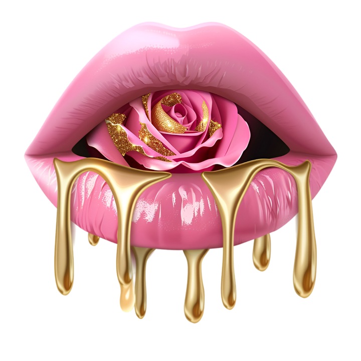 Sticker Buze femeie nude cu trandafir si aur lichid, Lip Glow, Autoadeziv, Cri-Flo, Marime 6 cm